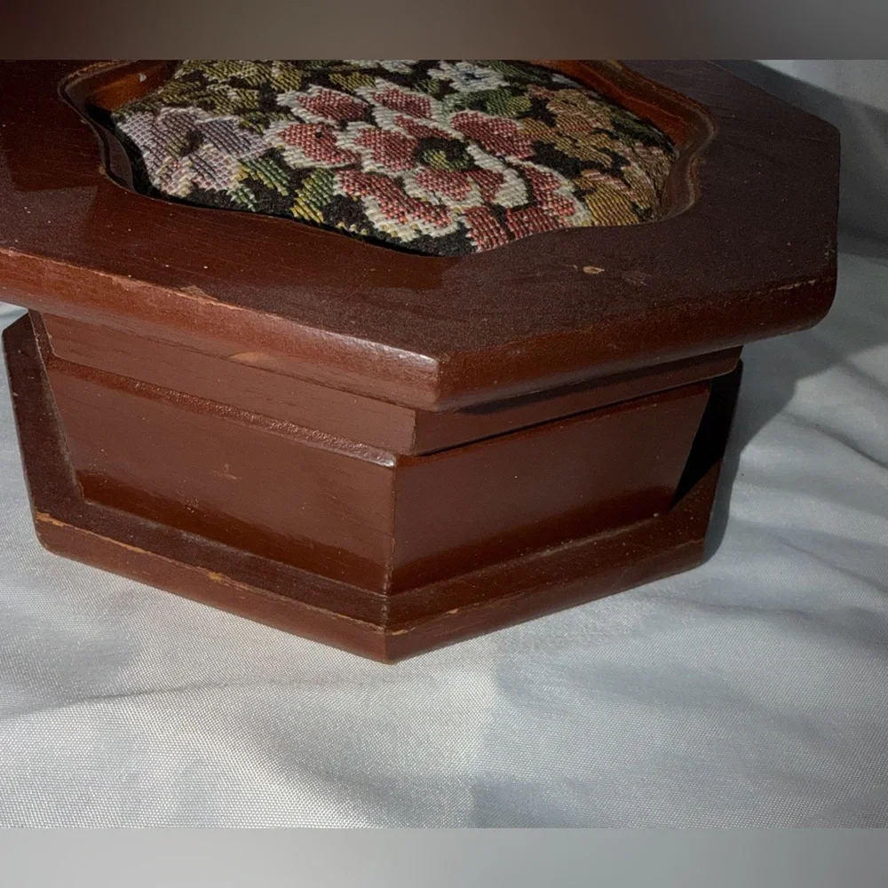 Vintage Octagon Wood Jewelry Box | Floral Needlepoint Lid & Mirror